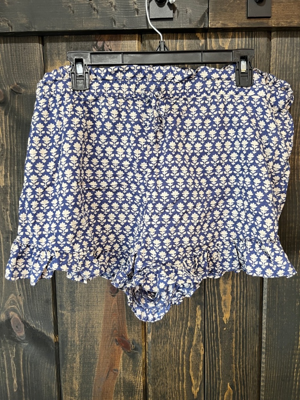 J. Crew‎ Ruffle Shorts XL Floral Blue Cream Drawstring Boho Casual High Waist